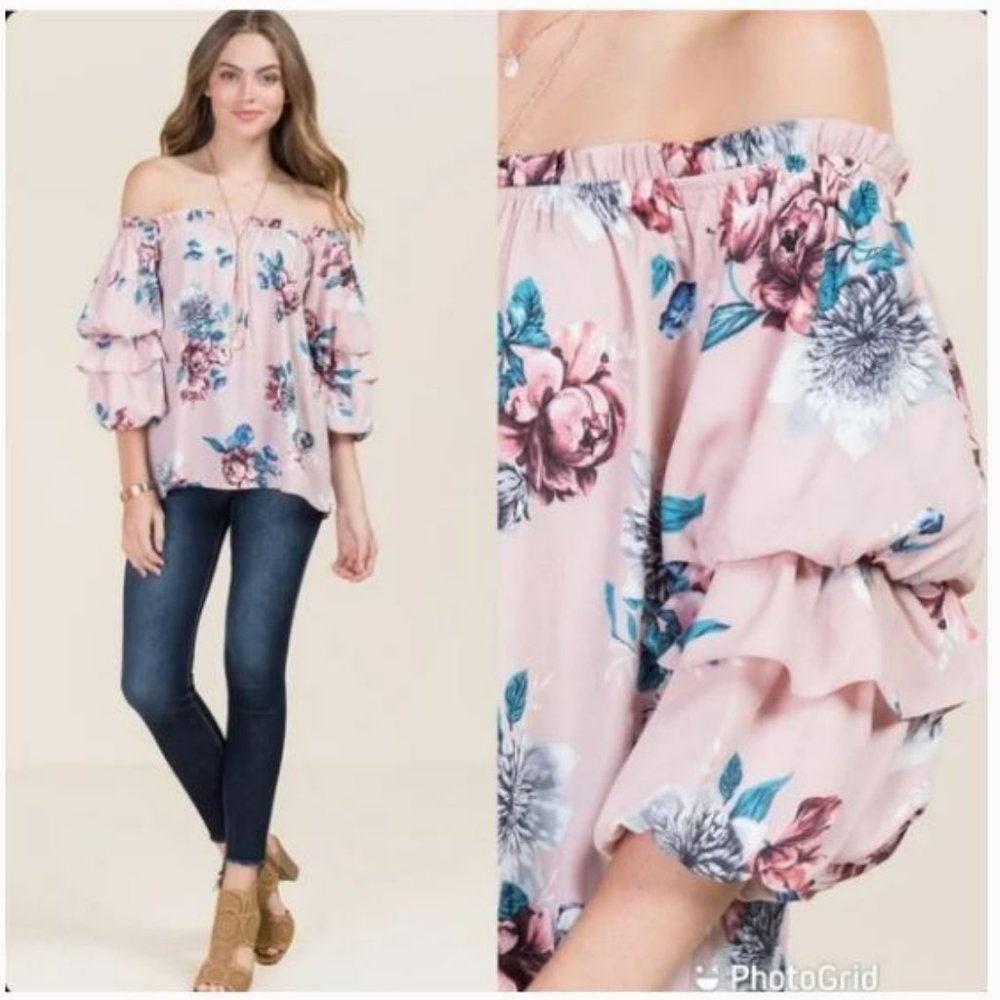 Francesca's miami Dede Voluminous Sleeve Off Shoulder Floral Blouse